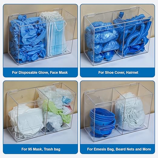 SEANADO Clear Acrylic Glove Holder Dispenser with Lid, 2 Compartments Hygiene Station Storage Box for Beard Nets, Hairnets, Plastic Bags, Shoe Cover - Wall Mount or Tabletop