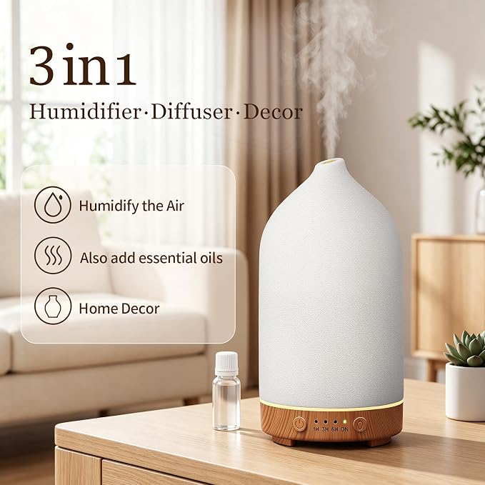 200ML Ceramic Essential Oil Diffuser for Home, Stone Diffuser 2 Pack | Ultrasonic Aromatherapy Diffuser & Air Humidifier for Bedroom, Office, Yoga, 7 LED Lights, Auto Shut-Off, 3 Timers,Wood Grain