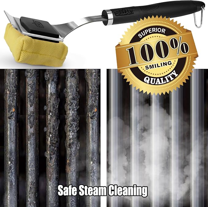 GRILLART Grill Brush Bristle Free Safe Steam Cleaning Tool, Replaceable Head for Any Grate Type - 17” Long Handle w/One-Fit-All Scraper - BBQ Accessories Cleaner for Outdoor Grill - Gifts for Men/Dad