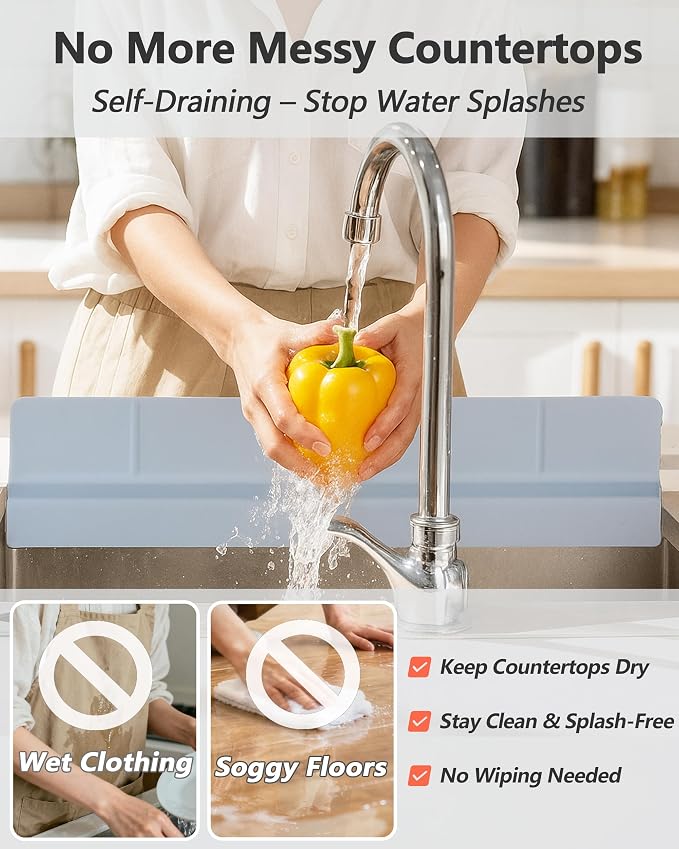 Kitchen Sink Splash Guard 23" 18" 30" Self-Draining Silicone Water Guard with High Splash Wall & Strong Suction Cups for Faucet, Countertop & Sink Edge, Keeps Sinks Dry, Dishwasher Safe, Gray