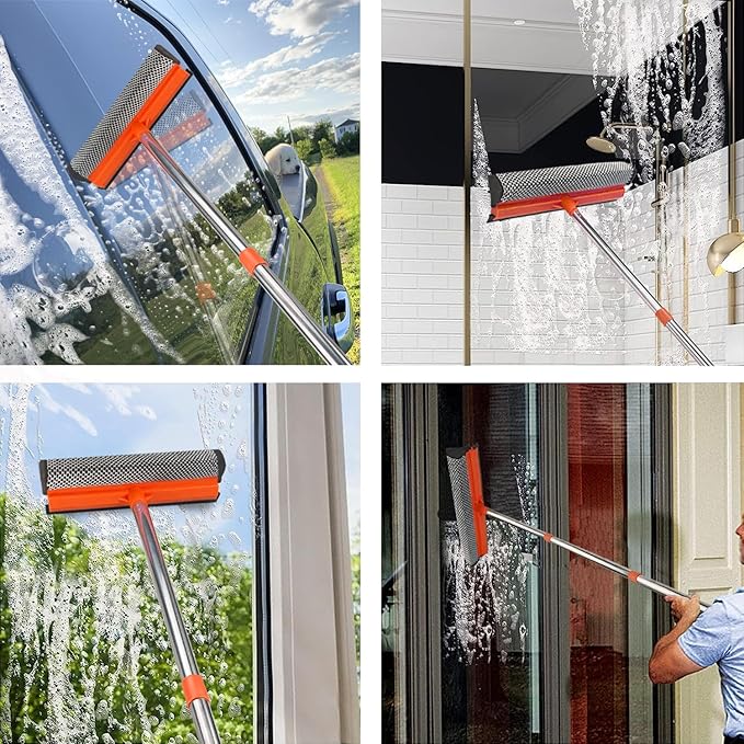 Window Squeegee for Window Cleaning, Squeegee Window Cleaner Tool 2 in 1 Car Window Cleaning Tool with Extension Pole 58‘’ Telescopic Window Washing Equipment, Shower Squeegee for Shower Glass Door