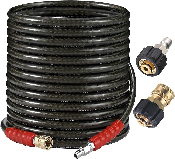 RIDGE WASHER Pressure Washer Hose 50 Feet X 3/8 Inch, 6000 PSI | 2-Wire Steel Braid Hose (R2) for Hot and Cold Water, 3/8 Inch Quick Connect