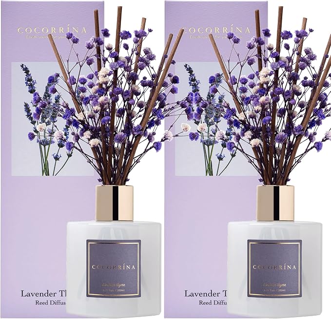 Premium Reed Diffuser Set with Preserved Baby's Breath & Cotton Stick Lavender Thyme 2 Packs, 6.7oz Scent Fragrance Oil Diffuser for Bedroom Bathroom Home Décor