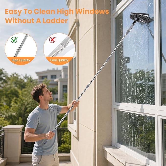 Window Squeegee, 2 in 1 Window Cleaning Kit, Window Cleaner Tool with Extension Pole, Window Squeegee for Outdoor Indoor Window