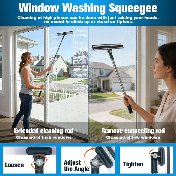 Window Cleaning Kit Tool with Storage Bucket & Extension Pole | Window Washing Kit with Extension Pole,Professional Windows Washer Cleaner Squeegee Kits,Indoor&Outdoor High Windows