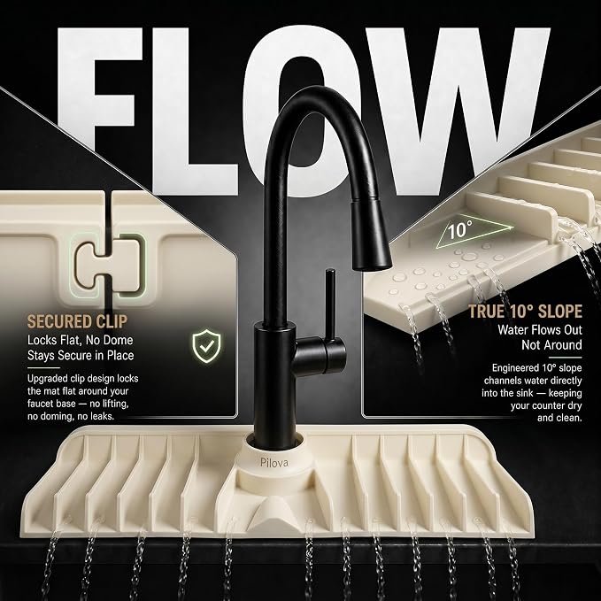 Premium Kitchen Sink Splash Guard – 16" x 5.7" Silicone Faucet Mat with Secure Pressure Clip, True 10° 3D Drainage(No Pooling), Anti-Lift Design, Flexible Leak-Sealing Ring, Non-Slip Fit Behind Faucet