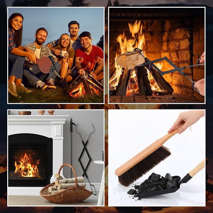 Patelai 7 Pcs Heavy Duty Fireplace Tool with 1.5gl Metal Ash Bucket with Lid Shovel Broom Wood Fire Pit Bellows 32" Long Fire Poker 26" Fireplace Tong, Glove(No Storage)