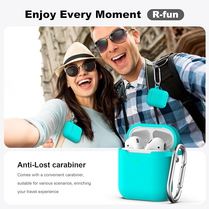 R-fun for AirPods 1/2 Case, Soft Silicone Protective Cover with Keychain and Cleaning Pen, Compatible with AirPods 2nd/1st Generation (2016/2019), Full Drop Protection Cover, New Teal