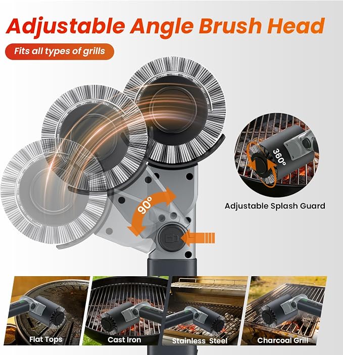 Electric Grill Brush for Outdoor Grill,150Mins Runtime BBQ Grill Cleaner with 3 Heads,3-Speed Control&Angle Adjust,Safe for Cast Iron/Stainless-Steel Grates,Ideal BBQ Gifts for Men/Dad