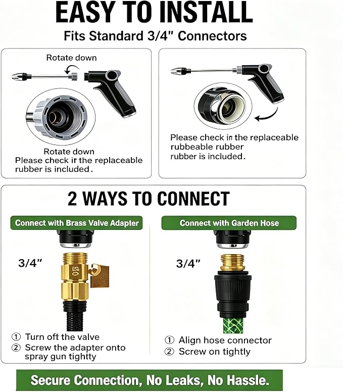High Pressure Hose Nozzle, High Pressure Water Gun with 360 ° Rotating Spray, Multi Function Pressure Washer Nozzle, 3/4 Inch Connector with 4 Sealing Rings for Yard, Car and Pet Cleaning
