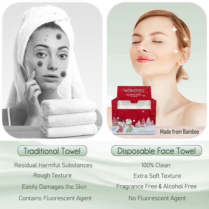 Christmas Style WOWOTEX Disposable Face Towels 120 Count Large Dry Wipes | 10"×12", Extra Thick Soft and Sensitive Skin friendly, Clean Facial Towels for Skincare, Makeup Removal and Facial Cleansing