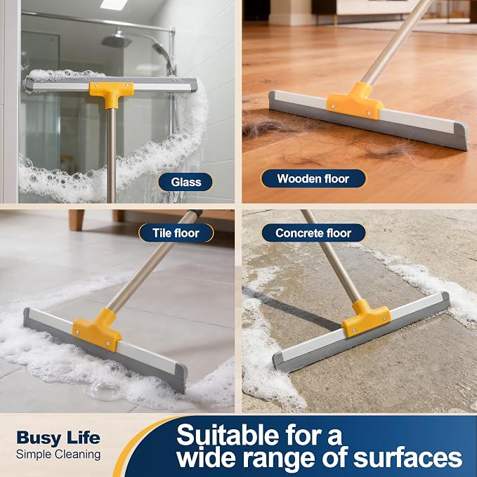 Yocada Rubber Floor Squeegee TPR Blade Scrubber Broom Shower Squeegee | Telescopic 54.5" for Garage Courtyard Concrete Shower Bathroom Floor Marble Tile Water Foam Pet Hair Removal Cleaning