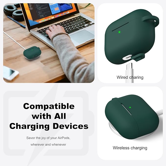 R-fun for AirPods Pro 2 Case, Soft Silicone Protective Cover with Keychain and Cleaning Pen, Compatible with AirPods Pro 2nd/1st Generation, Supports Wireless Charging, Forest Green