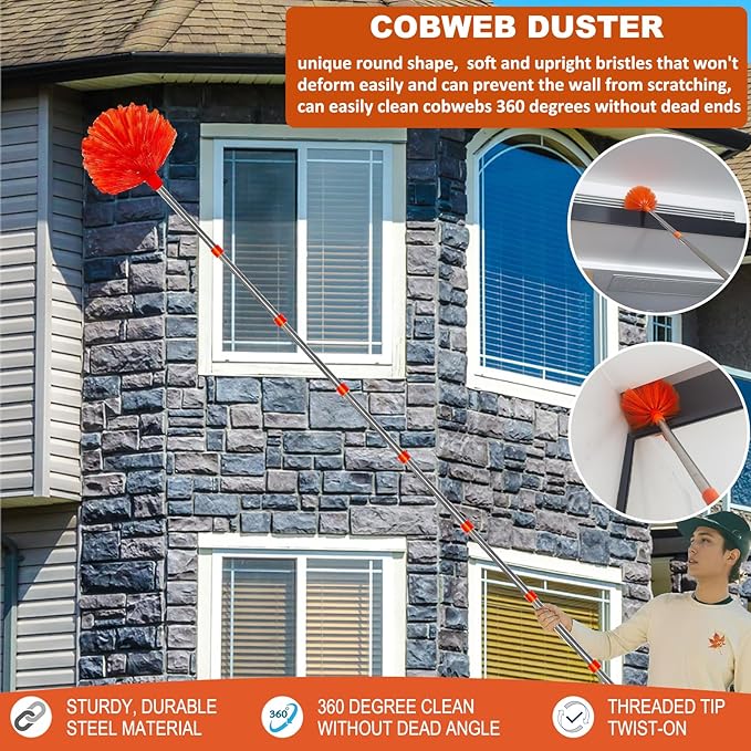 20+ Feet High Reach Duster Kit with 3-14 ft Extension Pole // High Ceiling Dusting and Window Cleaning Kit with Spliceable Pole - Window Washer & Squeegee, Cobweb Duster, Fan Blade and Feather Dusters