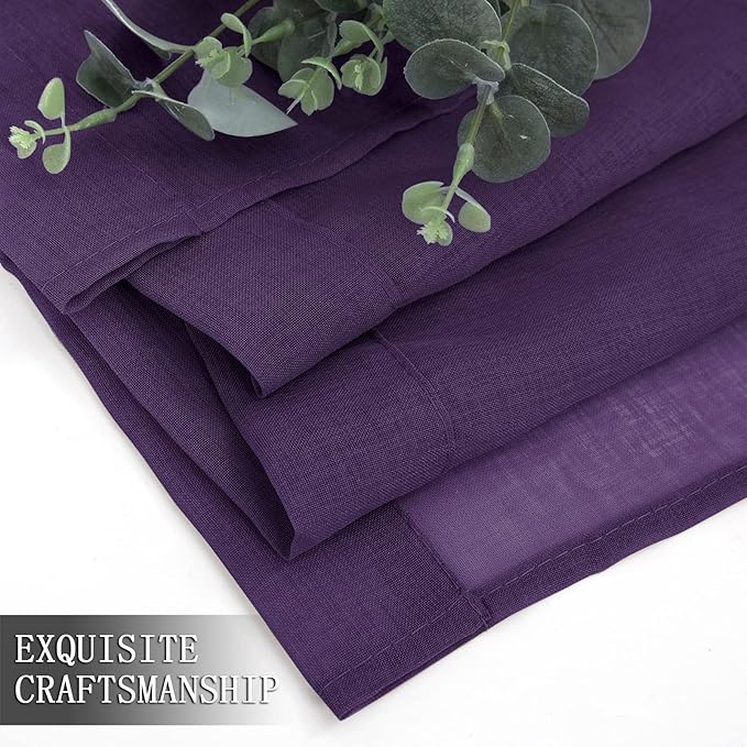 Tollpiz Short Sheer Curtain Linen Textured Living Room Curtains Sheer Light Filtering Rod Pocket Voile Curtain for Bedroom, 42 x 54 inches Long, Royal Purple, Set of 2 Panels
