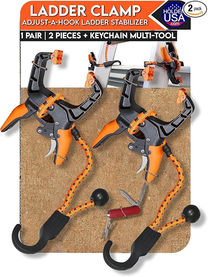 Holden USA - Ladder Clamp - Stabilizer Clip – Secure Safety Clamp for Roof, Gutters, and Wall Prep – Durable Support Cord for Roofing and Gutter Tasks (Orange Pair/2 units)