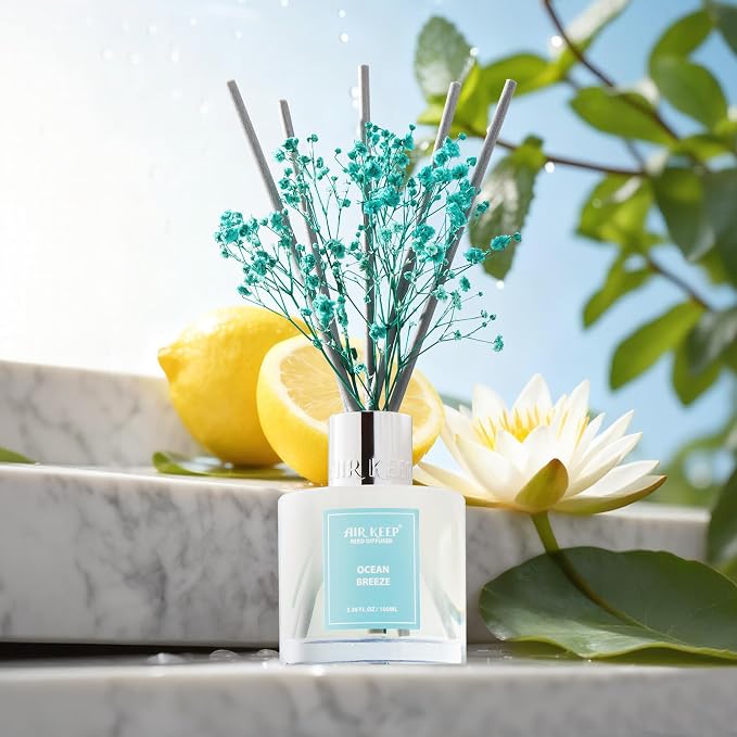 Reed Diffuser Set,3.38 fl oz (100 ml) - Ocean Breeze Oil Diffusers with 8 Reed Sticks, Home Fragrance Reed Diffuser for Bathroom Shelf Decor