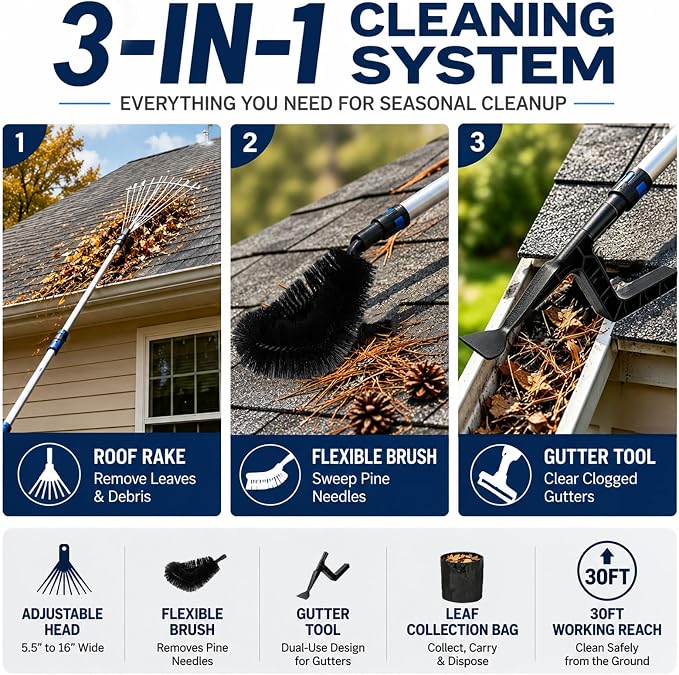 24FT Telescoping Roof Rake, 30FT Reach Leaf Rake for Leaves & Pine Needles | Complete Kit With Gutter Cleaning Attachment, Adjustable Rake Head, Flexible Brush & Storage Bag.