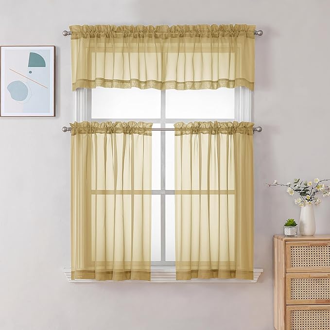 Chyhomenyc Sheer Valances for Windows 2 Pack, Small Window Curtains for Living Room Bathroom, Modern Top Dual Rod Pocket Voile Basement Curtains, 42W x 14L inches, Gold
