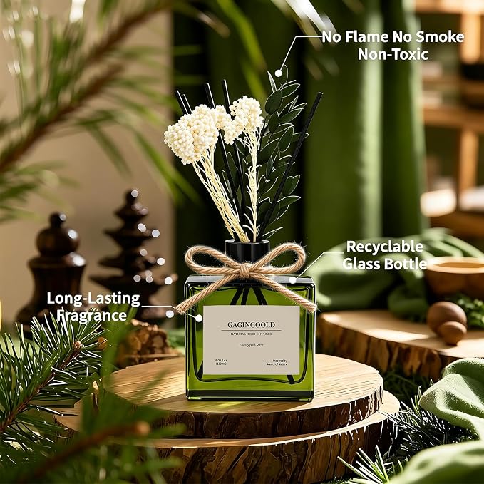 Reed Diffuser, 6.1 oz Eucalyptus Mint Scent Diffuser with Sticks & Dried Flowers, 120 Days Long Lasting diffusers for Home, Elegant Fragrance for Bathroom Bedroom Office Decor Air Fresh