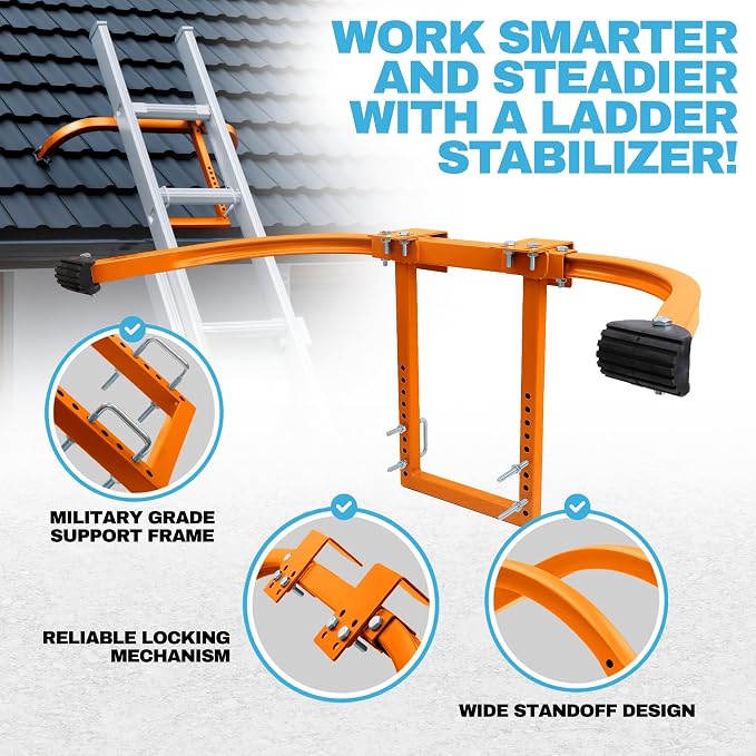 Heavy Duty Ladder Stabilizer | Carbon Steel Extension Ladder Standoff with Anti-Slip Rubber Feet for Gutter Cleaning, Painting & Roofing - Professional Grade Ladder Accessory for Extension Ladders