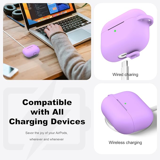 R-fun for AirPods Pro 2 Case, Soft Silicone Protective Cover with Keychain and Cleaning Pen, Compatible with AirPods Pro 2nd/1st Generation, Supports Wireless Charging, Lavender