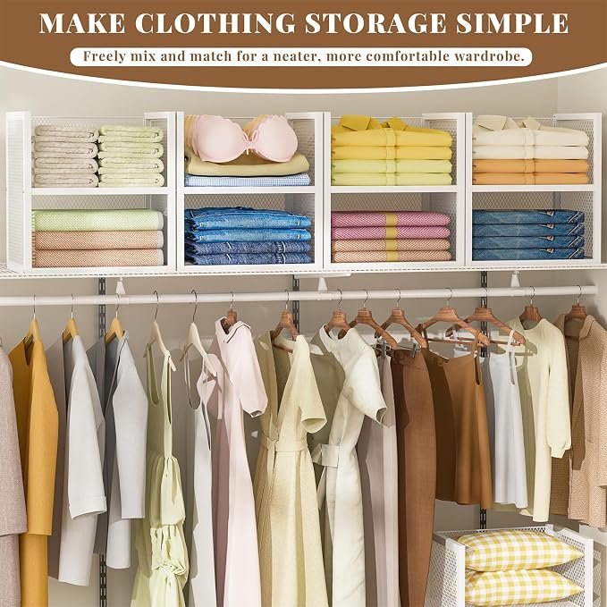 DAOUTIME 4-Tier Stackable Closet Organizers and Storage Basket, Wire Closet Shelf Organizer, Sweater Storage Oragnizer Bins, Multifunctional Clothes Storage Drawer Organizer for Wardrobe, White