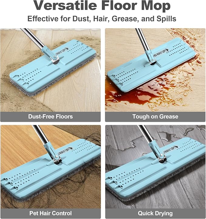 JOYMOOP Flat Mop System, Microfiber Floor Cleaning Tool, 50" Handle with 13" Flat Head, Pale Aqua, Includes Washable Microfiber Pad
