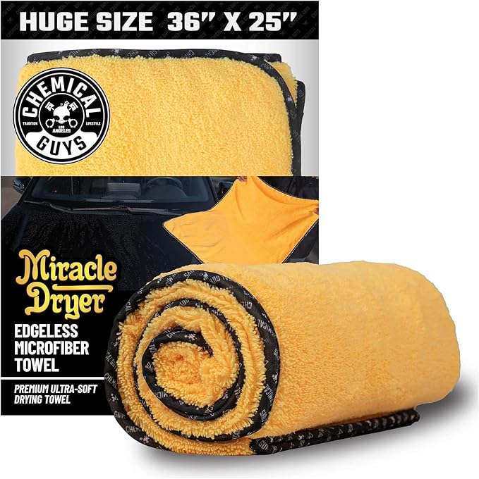 Chemical Guys Miracle Dryer Microfiber Drying Towel for Cars, Yellow | For trucks and SUVs, soft-banded scratch-free, 36 x 25 inches, oversized dual pile, scratch-free drying, short and high pile
