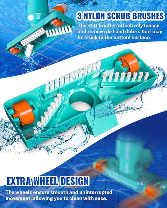Portable Pool Vacuum for Above Ground/Inground Pool, Pool Cleaner Vacuum with 3 Scrub Brushes, Pool Leaf Vacuum & Nylon Mesh Net, Pool Cleaners for Swimming Spa Fountain Pond Hot Tub, Pure Green