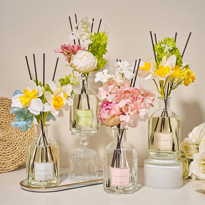 Reed Diffuser - Cherry Blossom 8.5 Fl.oz Flower Diffuser with 8 Sticks, Reed Diffusers for Home Bathroom Shelf Decor