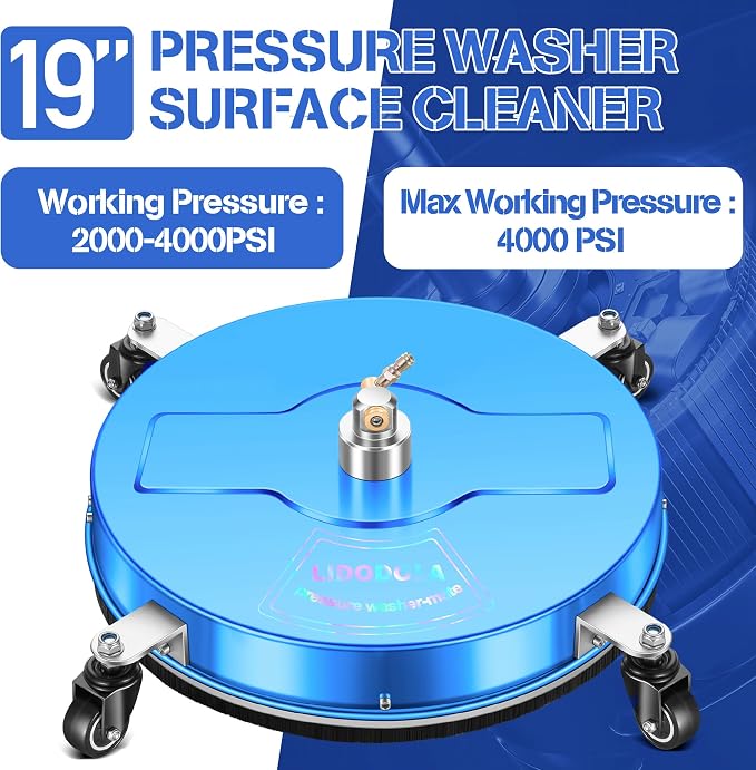 LidoDola 19'' Pressure Washer Surface Cleaner Blue, Power Washer Accessory | Stainless Steel Housing with 4 Wheels, 1/4" QC, 2 Extension Wands & 2 Replacement Nozzles, for Gas & Electric Pressure Washer