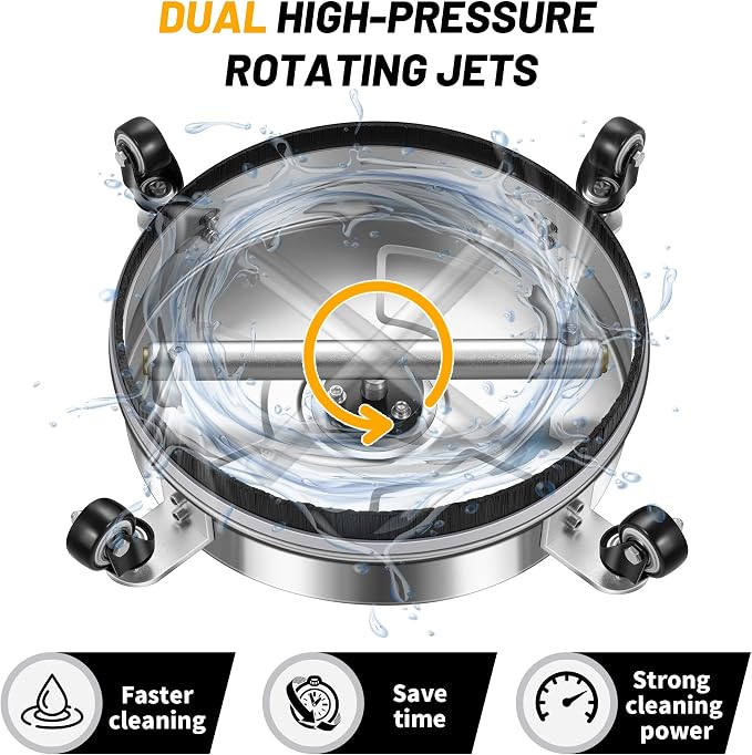 LidoDola 14'' Pressure Washer Surface Cleaner, Power Washer Accessory | Stainless Steel Housing with 4 Wheels, 1/4" QC, 2 Extension Wands & 2 Replacement Nozzles, for Gas & Electric Power Washer
