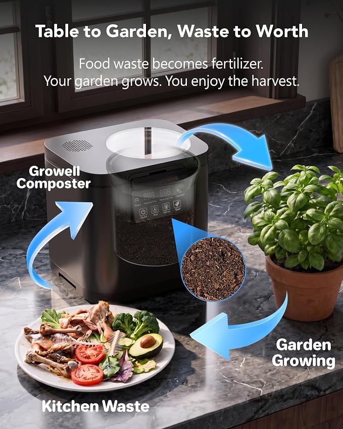 Growell 4L Electric Composter for Kitchen, Countertop, Indoor Compost Bin | Dual Carbon Filter, Auto-Clean, Long-Life Brushless Motor, LED Touch Panel, <40dB, Visible Window, Food Wast Recycler, Black