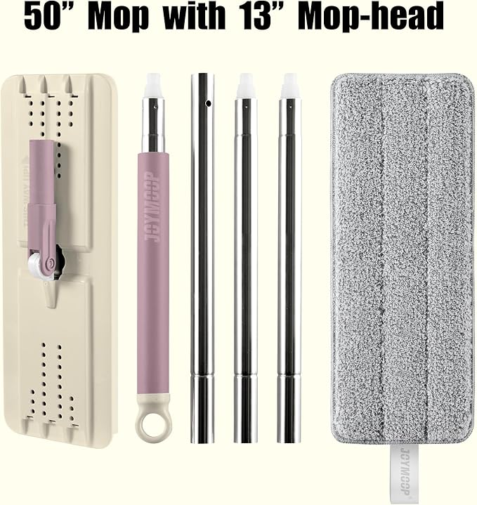 JOYMOOP Flat Mop System, Microfiber Cleaning System for Floor Cleaning and Wall Use, 50" Handle with 13" Flat Head, Beige & Blush Brown