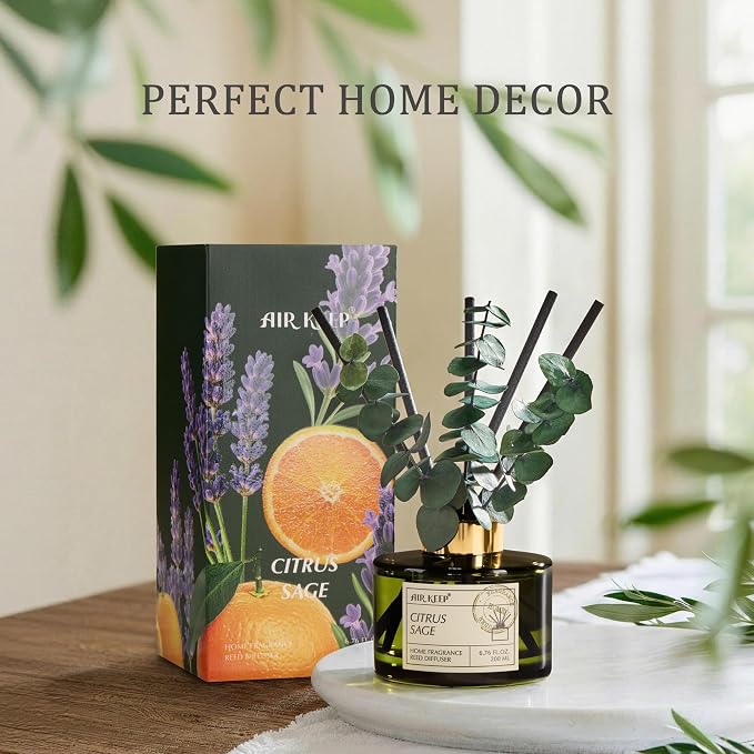 Reed Diffuser Set with 6.76 fl oz Citrus&Sage Scent Essential Oils and 3 Leaves & 8 Diffuser Sticks,Bathroom Shelf Decor & Air Freshener, House Bedroom Office Decor & Gifts