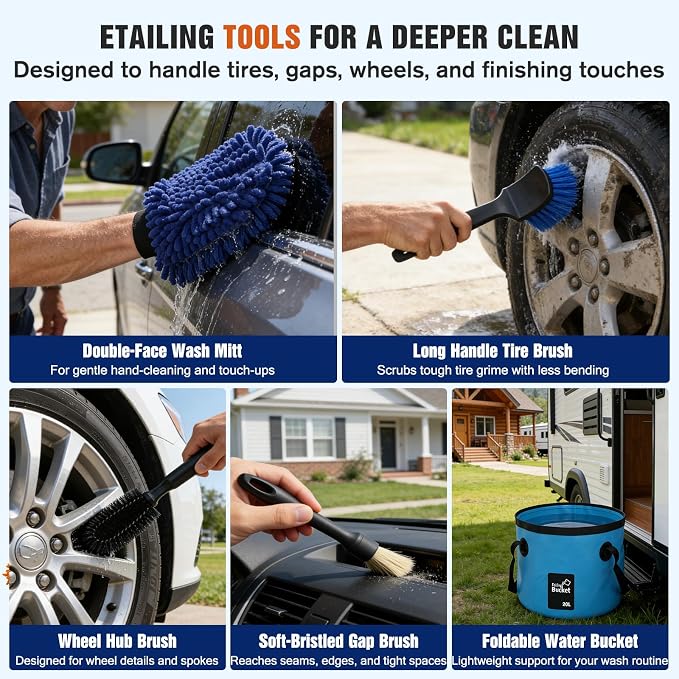20FT Car Wash Brush with Long Handle - Car Cleaning Kit with 8 Attachments, 180° Rotating Mop, Foldable Bucket, Scratch-Free Soft & Hard Brushes for Cars, Trucks, SUV, RV, Home Windows & Siding