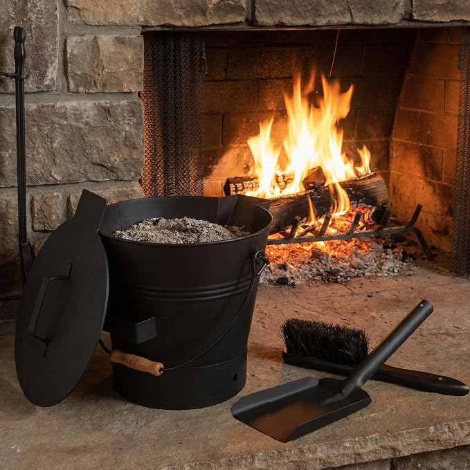 Pure Garden Ash Bucket with Lid, Broom, and Shovel, Black, 11”x12.2”x11” | 2.11-Gallon Metal Bucket for Fireplace or Firepit Ashes, Fireplace Tools
