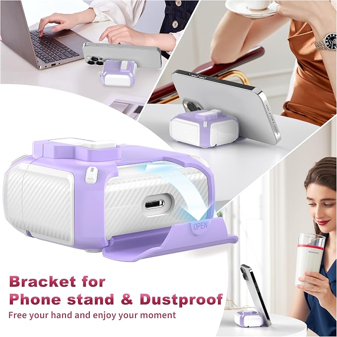 R-FUN for AirPods 3 Case with Lock Phone Stand Magnetic Lid, White+Pur | Compatible with Apple AirPods 3rd Generation (2019) Case with Cleaner Kit & Carabiner, Powerful Drop Protection