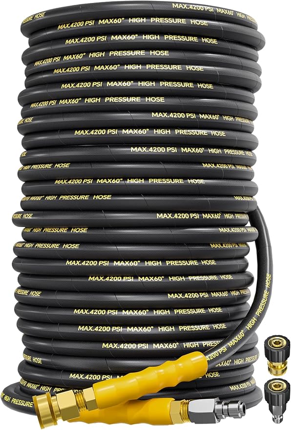 4200PSI Pressure Washer Hose 200FT with 3/8" Swivel Quick Connect for Cold/Hot Water, Kink Resistant Steel Wire Braided,1/4" Wear Resistant Power Washer Hose with 2 M22 14mm Adapter Set