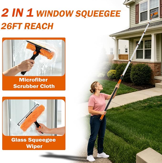 Buyplus 26Ft High Reach Squeegee for Window Cleaning Kit with 5 to 20 Foot Extension Pole, Extendable Window Cleaner Squeegee, Telescopic Window Washing Kit for Indoor/Outdoor High Window
