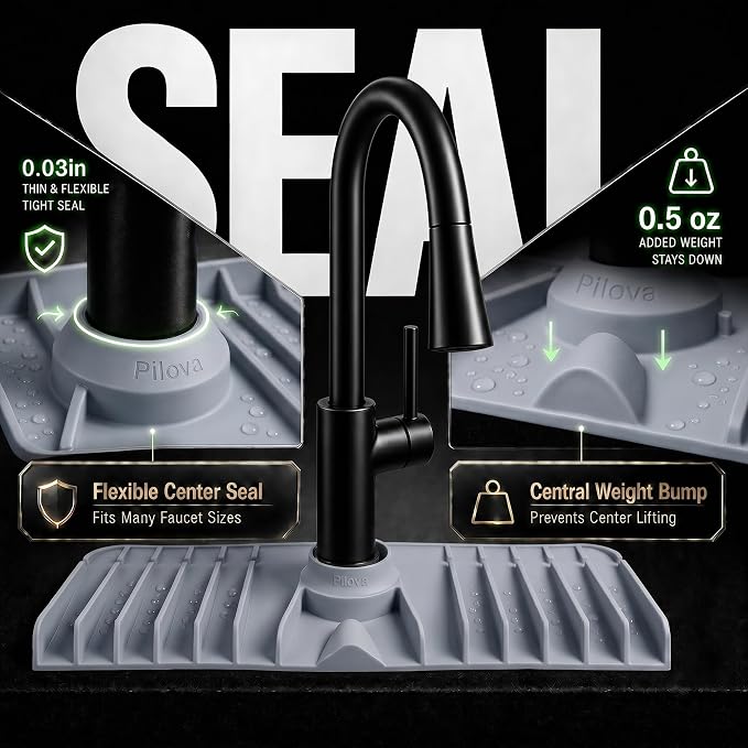 Premium Kitchen Sink Splash Guard – 16" x 5.7" Silicone Faucet Mat with Secure Pressure Clip, True 10° 3D Drainage(No Pooling), Anti-Lift Design, Flexible Leak-Sealing Ring, Non-Slip Fit Behind Faucet