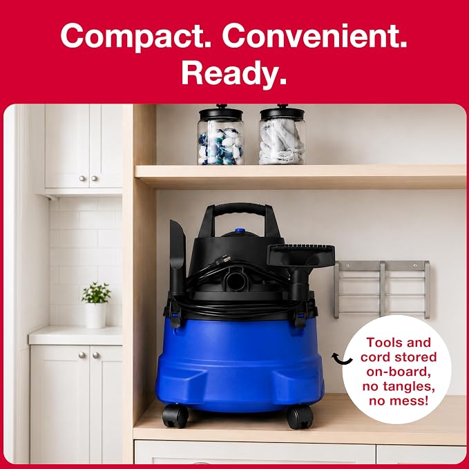 Koblenz WD-6 L212 Wet Dry Vacuum Cleaner, 6 Gallon | 3-in-1 Suction & Blower, 16 ft Reach, Big Cleaner for Car, Shop Vacuum Wet and Dry, Swivel Casters, Black/Blue