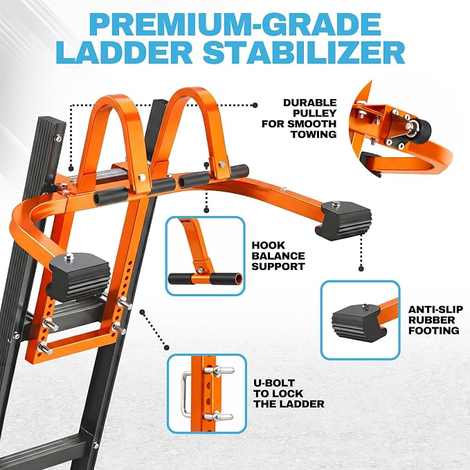 2-in-1 Heavy Duty Ladder Stabilizer with Roof Hooks, 500 LBS Steel Standoff, Non-Slip Rubber Feet for Gutter Cleaning, Roof Work & Walls | Fits Extension, Straight & Telescoping Ladders