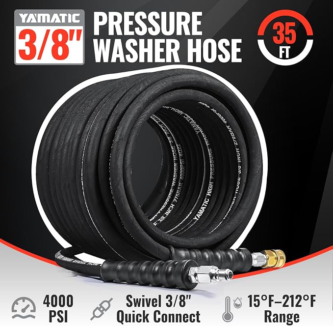 YAMATIC 3/8" Pressure Washer Hose 35FT, 4000 PSI Steel Wire Braided with 360 Swivel 3/8" Quick Connect, Hot Water 212 F°Commercial Power Washer Hose for Simpson DeWalt Generac Troy-Bilt