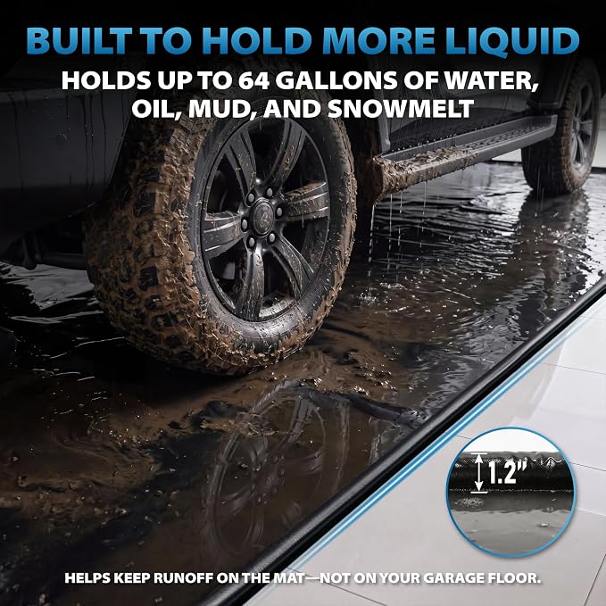 8'6" x 20' Garage Floor Mat, 610GSM PVC Containment Mat for Cars | Heavy-Duty, 1.2in Raised Edges, Waterproof Garage Protection, Non-Slip Design, Easy Hose Clean, Kit with Squeegee