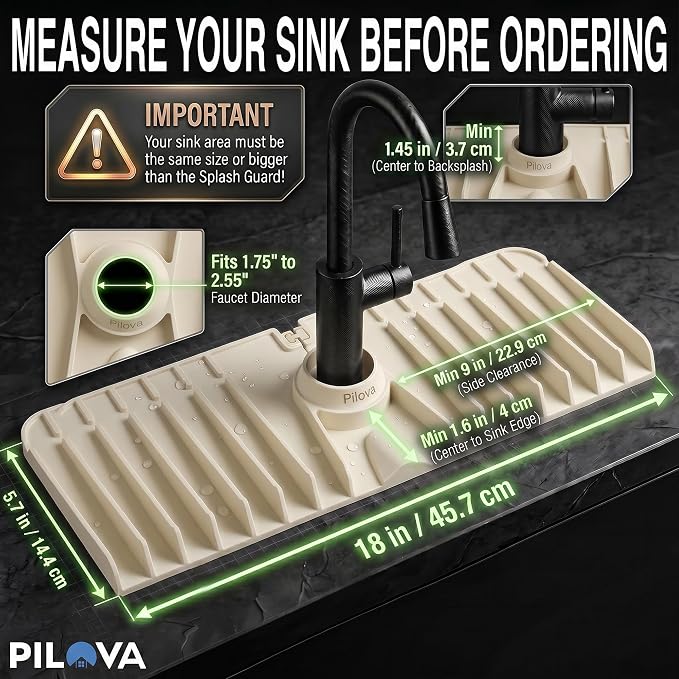 Premium Kitchen Sink Splash Guard – 18" x 5.7" Silicone Faucet Mat with Secure Pressure Clip, True 10° 3D Drainage(No Pooling), Anti-Lift Design, Flexible Leak-Sealing Ring, Non-Slip Fit Behind Faucet