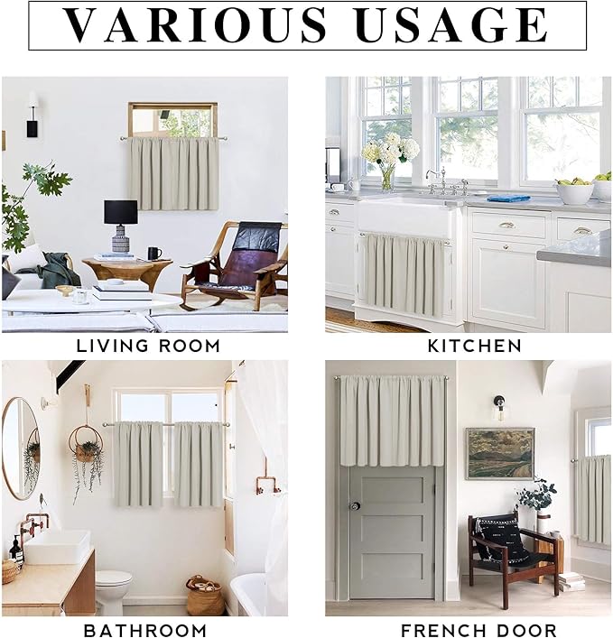 RYB HOME Blackout Short Cafe Curtains, Privacy Light Block Small Window Curtains for Bedroom Kitchen Basement Dining Classroom, W 29 x L 45 inches, Natural, 2 Panels