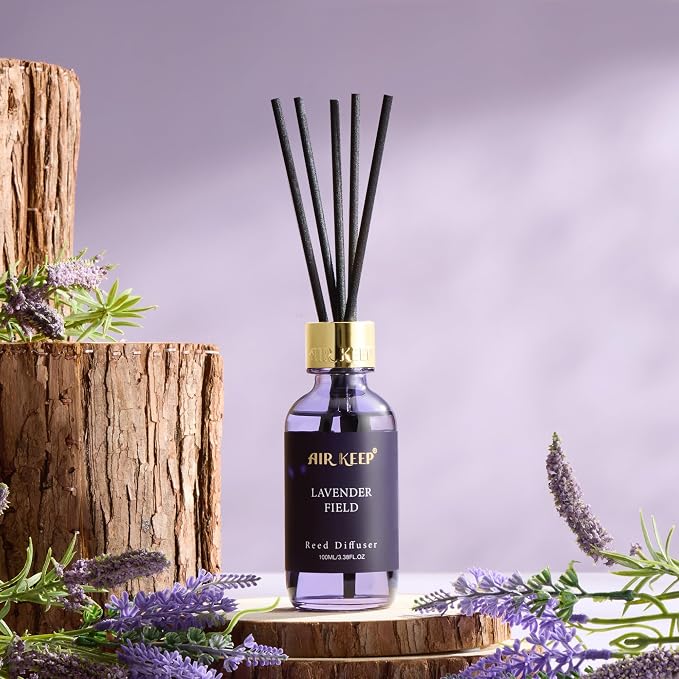 Reed Diffuser Set, 3.38 fl oz (100 ml) - Lavender Field Oil Diffusers with 8 Reed Sticks, Home Fragrance Reed Diffuser for Bathroom Shelf Decor