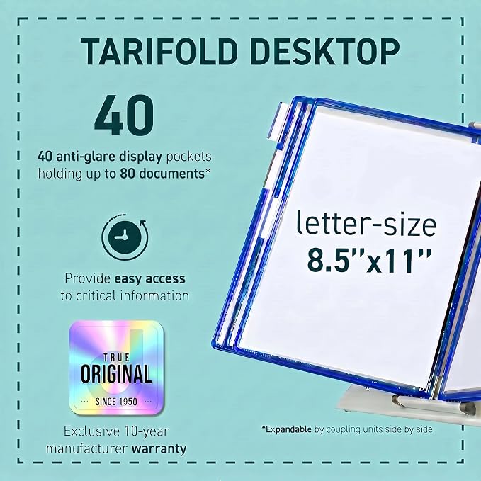 Tarifold Desktop Reference Display System, 40 Pockets, Expandable, Blue | 40 double-sided PVC pockets, holds 80 letter-size sheets, sturdy metal base, quick-find indexing, quick and easy to assemble